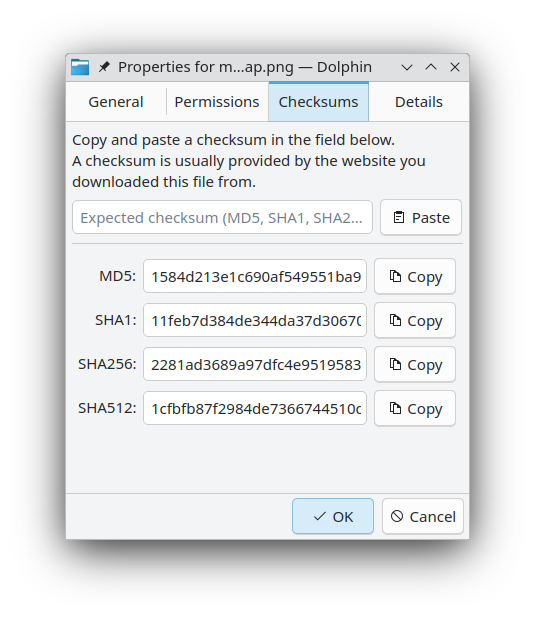 Checksums tab