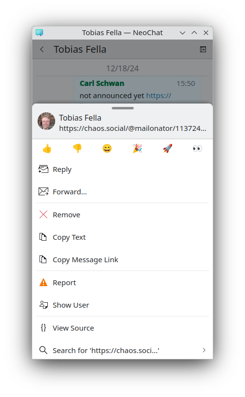 NeoChat's message context menu