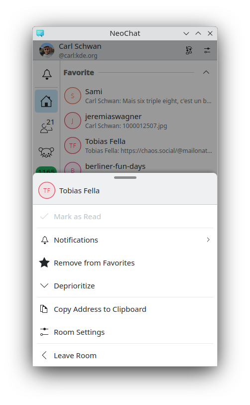NeoChat's room context menu