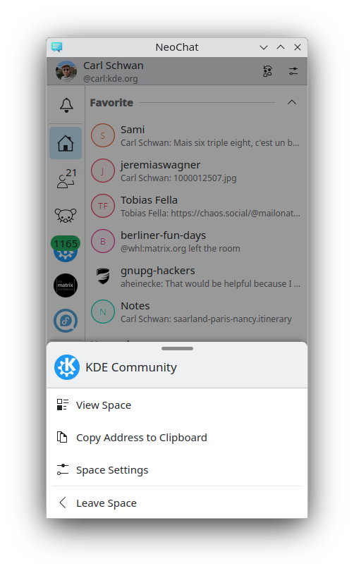 NeoChat's space context menu