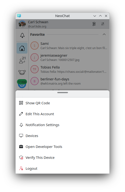 NeoChat's account context menu