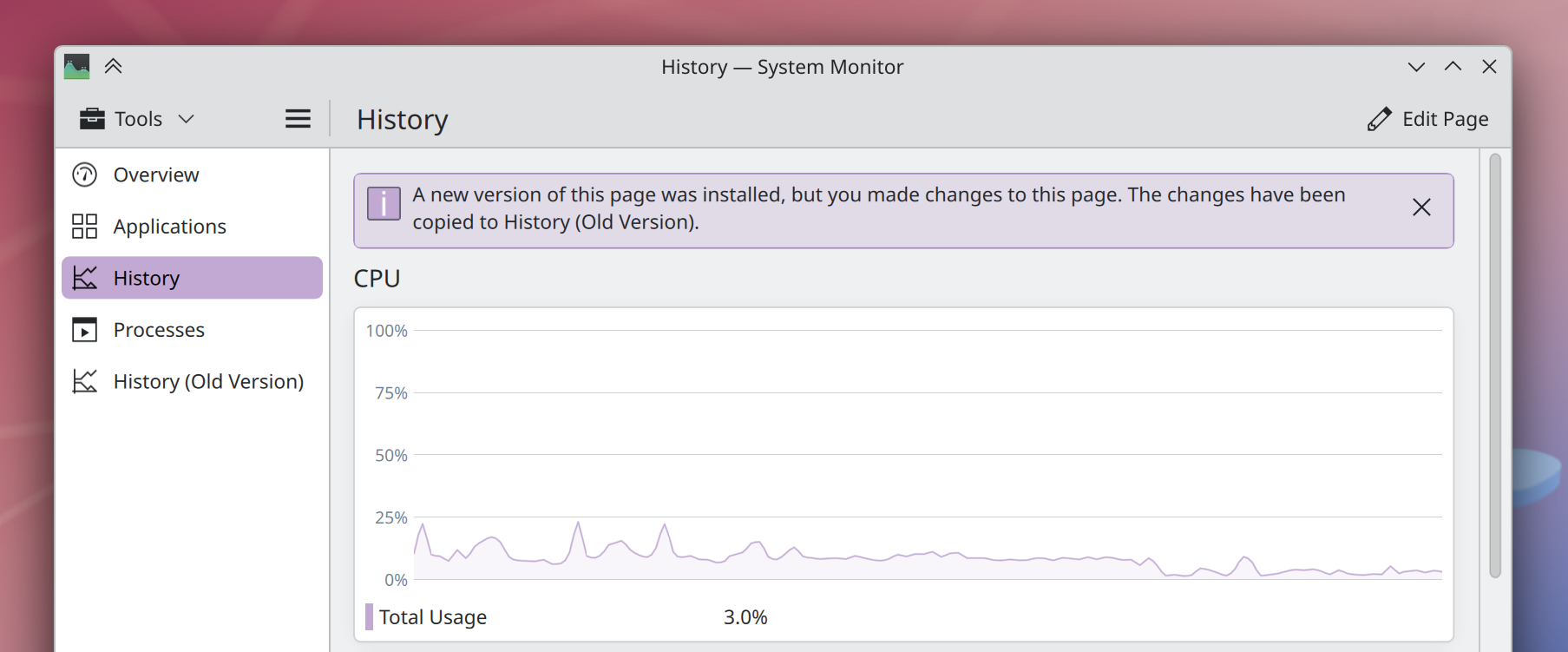 System Monitor history page showing message about old version being saved