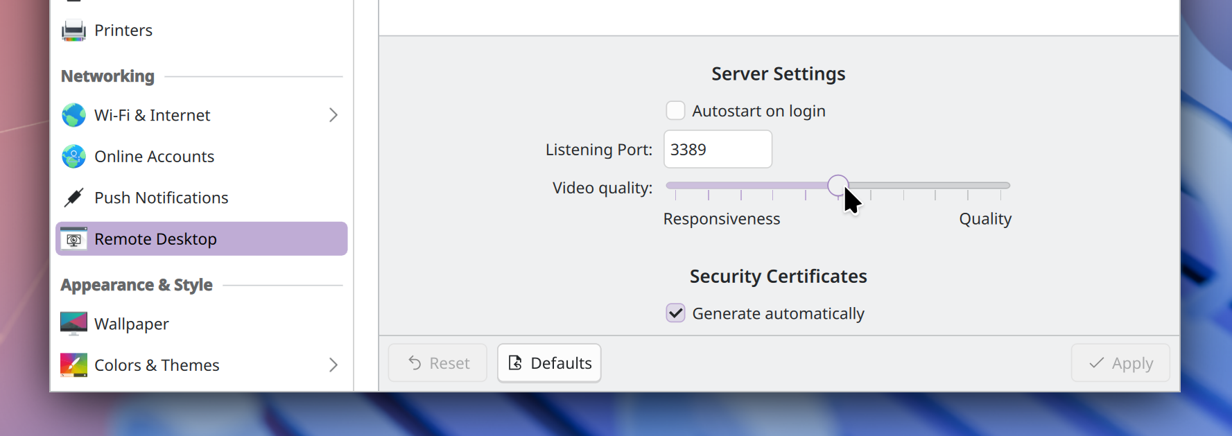 Slider on RDP page showing a trade-off between “responsiveness” and “quality”