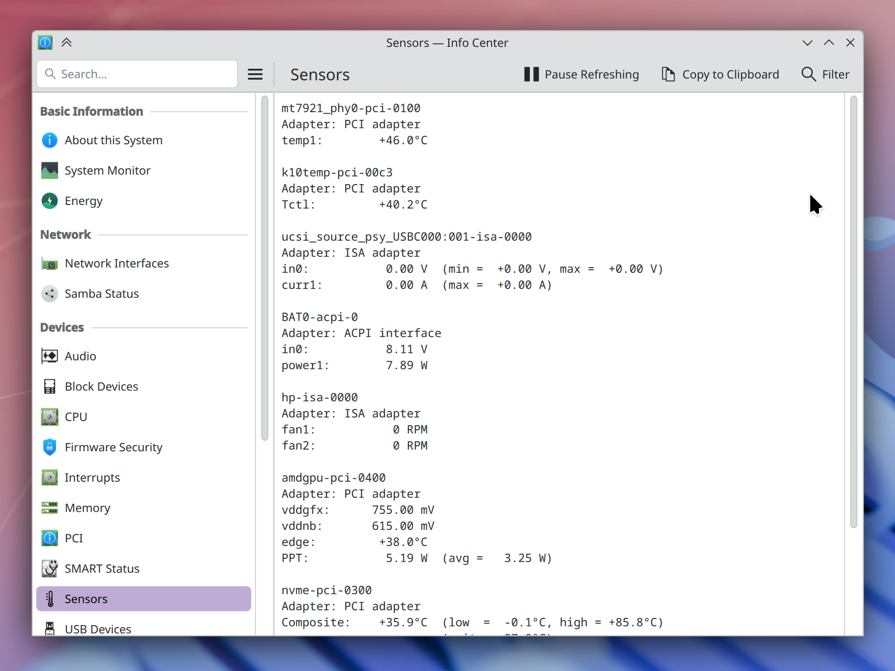 “Sensors” page in Info Center showing various device sensors