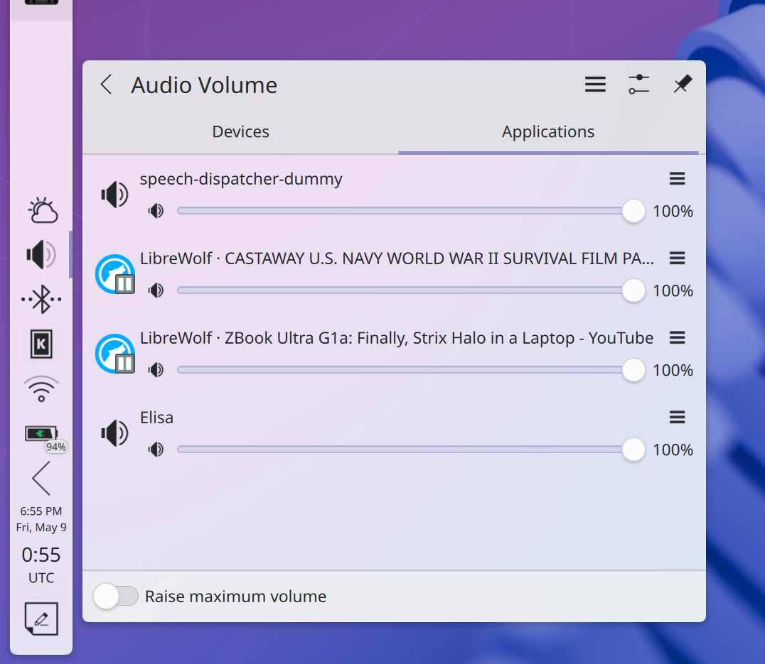 Audio Volume widget showing two audio streams from the LibreWolf web browser, distinguished by different media titles