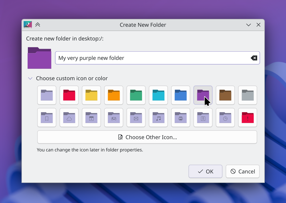 New folder creation dialog showing the ability to set a custom icon using a grid of colored folder icons