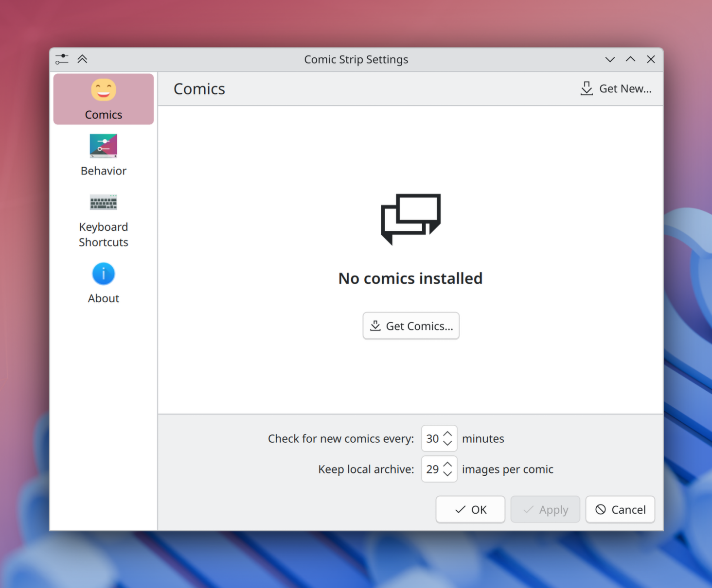 Unconfigured Comics widget's configuration dialog