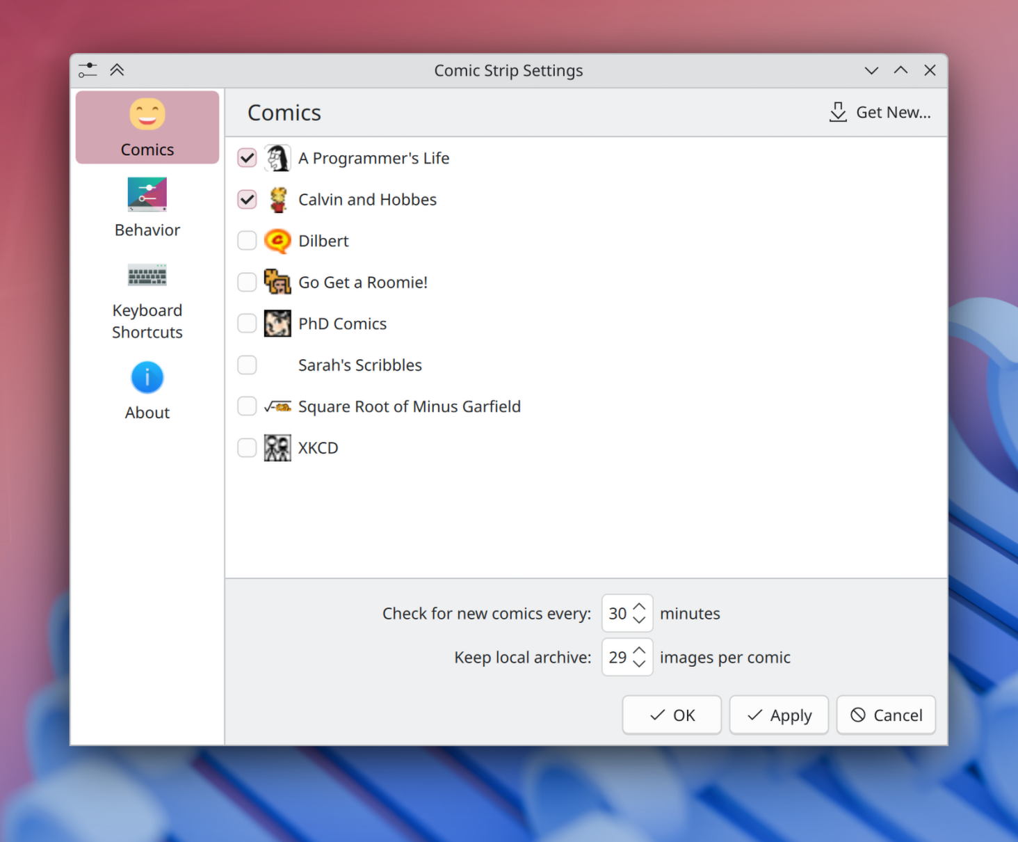 Comics widget's configuration dialog full of comics