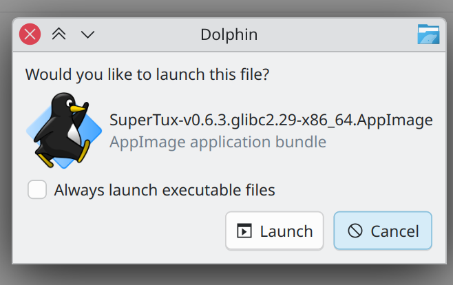 Launch confirmation dialog showing clearly worded option to always launch executable files without asking first