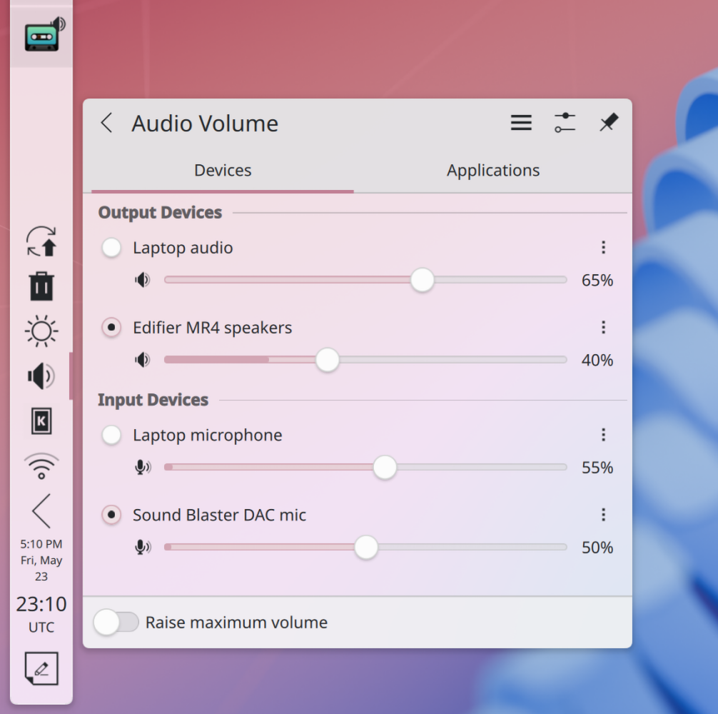 Audio Volume widget showing four devices with nice spacing, indentation, and margins