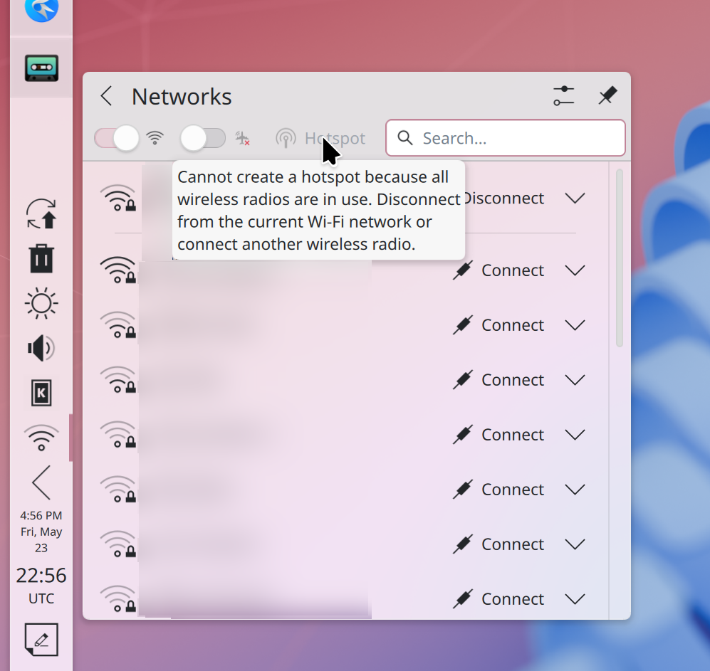 Networks widget showing disabled “Hotspot” button and tooltip explaining that it’s disabled because all wireless radios are in use