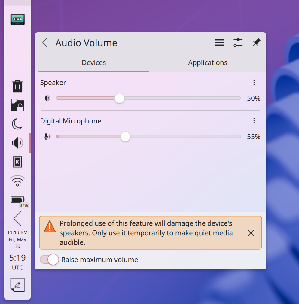 Warning shown when raising the maximum volume beyond 100%