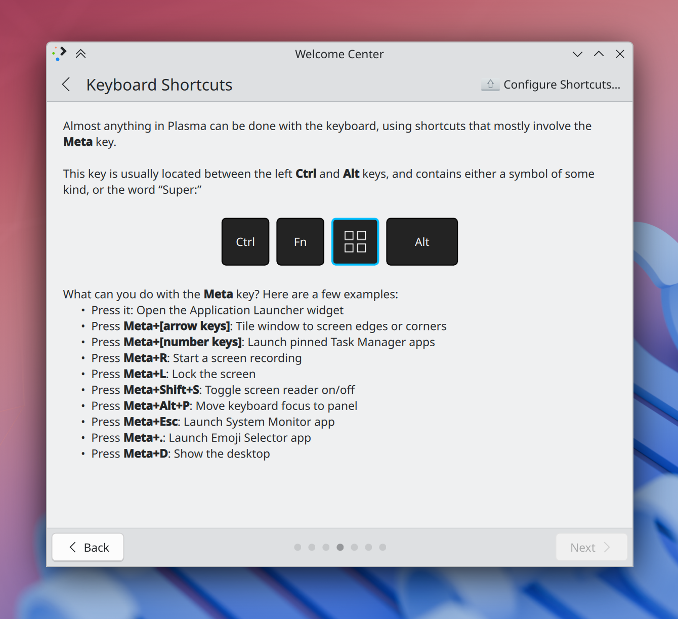 Welcome Center’s keyboard page teaching you about the Meta key on your keyboard and some of the things you can do with it
