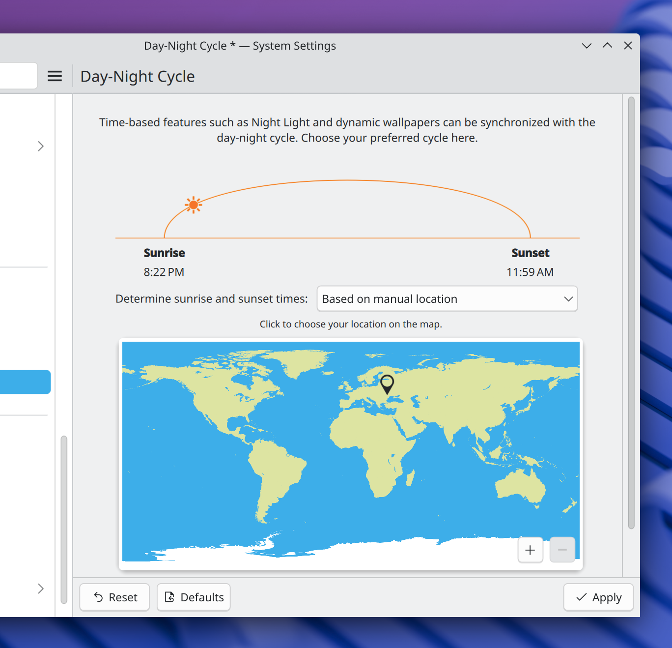 System Settings page allowing you to determine the day-night cycle of your choosing