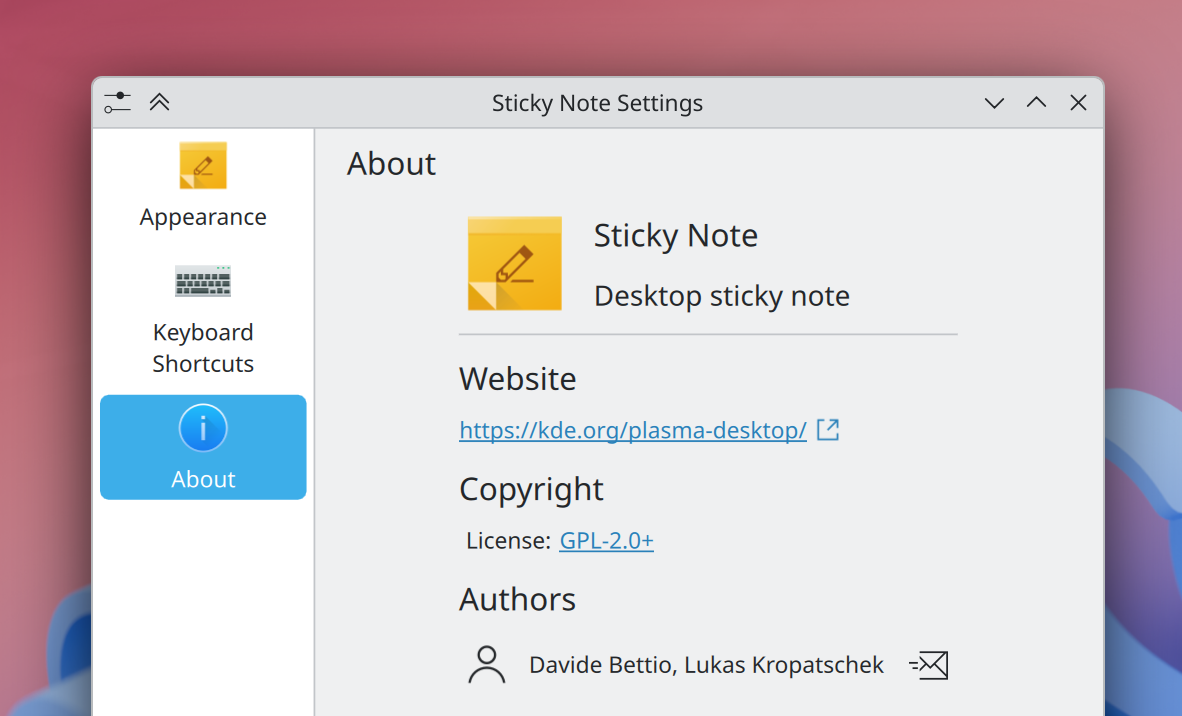 Plasma widget “About” page with the website listed in its own section