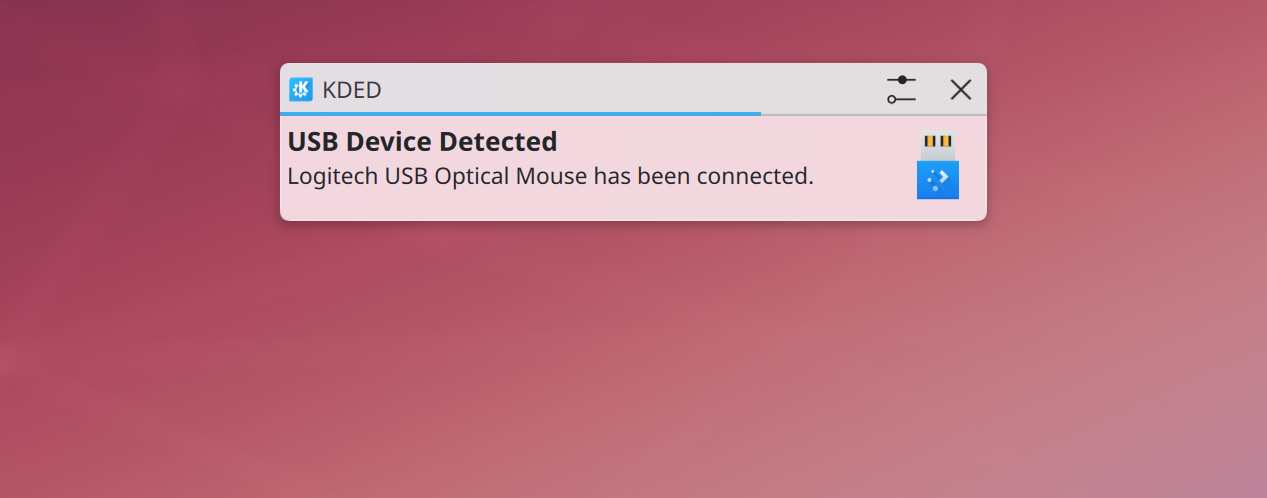 Notification about a Logitech USB optical mouse having been connected