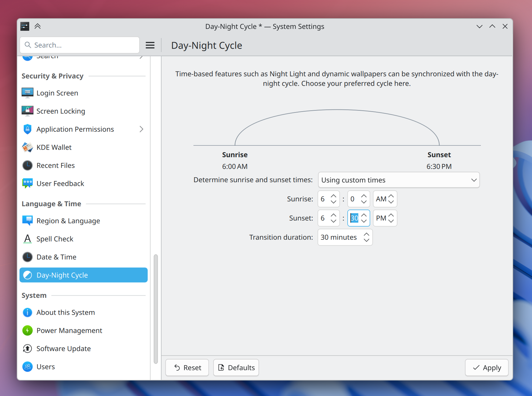 AM/PM times visible on System Settings’ Day/Night Cycle page