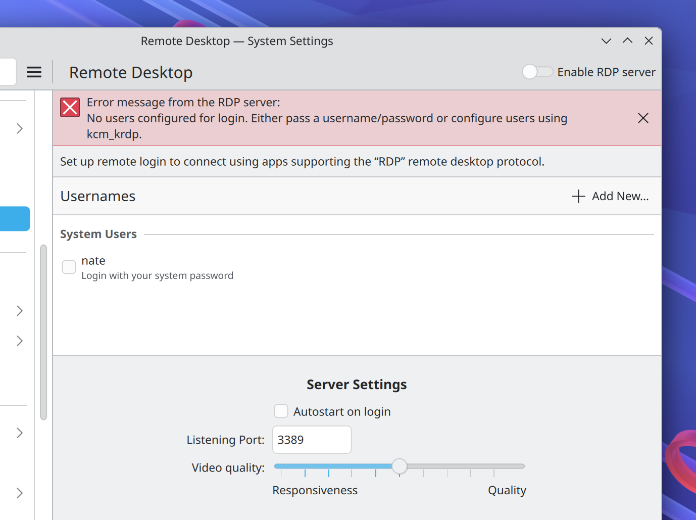 System Settings’ Remote Desktop page showing an error message
