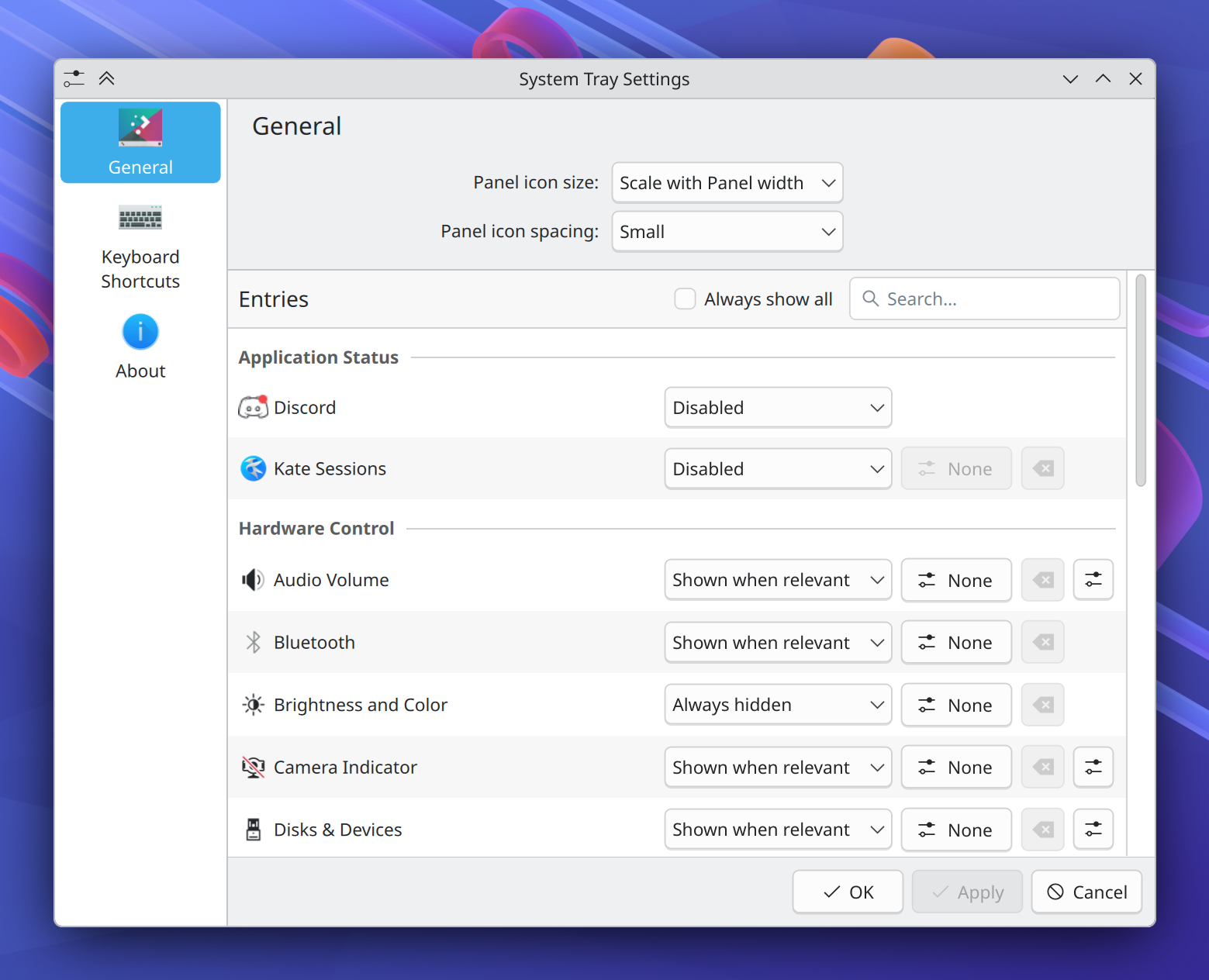 Single-page System Tray UI showing size and padding settings as well as allowing configurability of individual entries