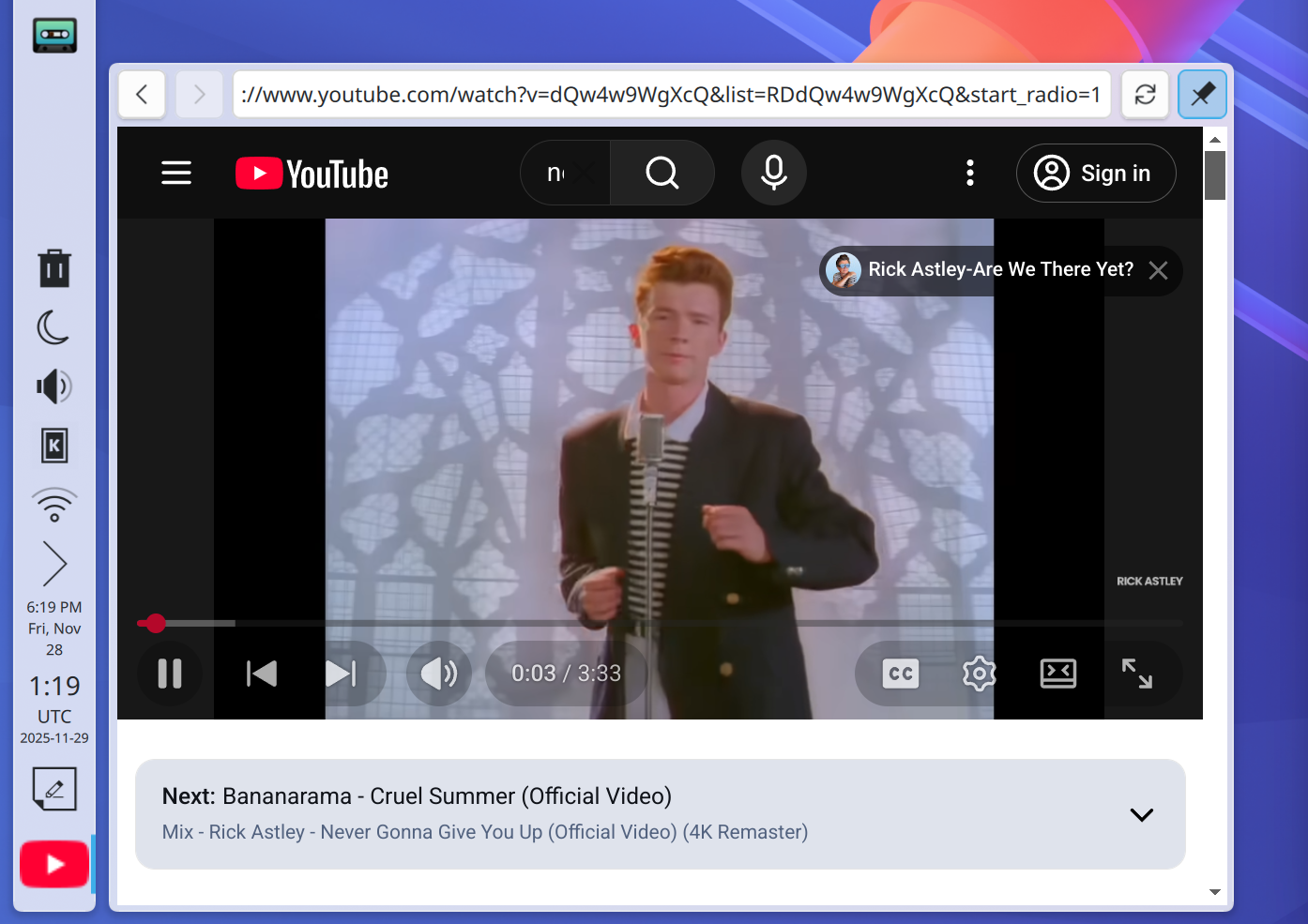 Pinned web browser widget rickrolling you