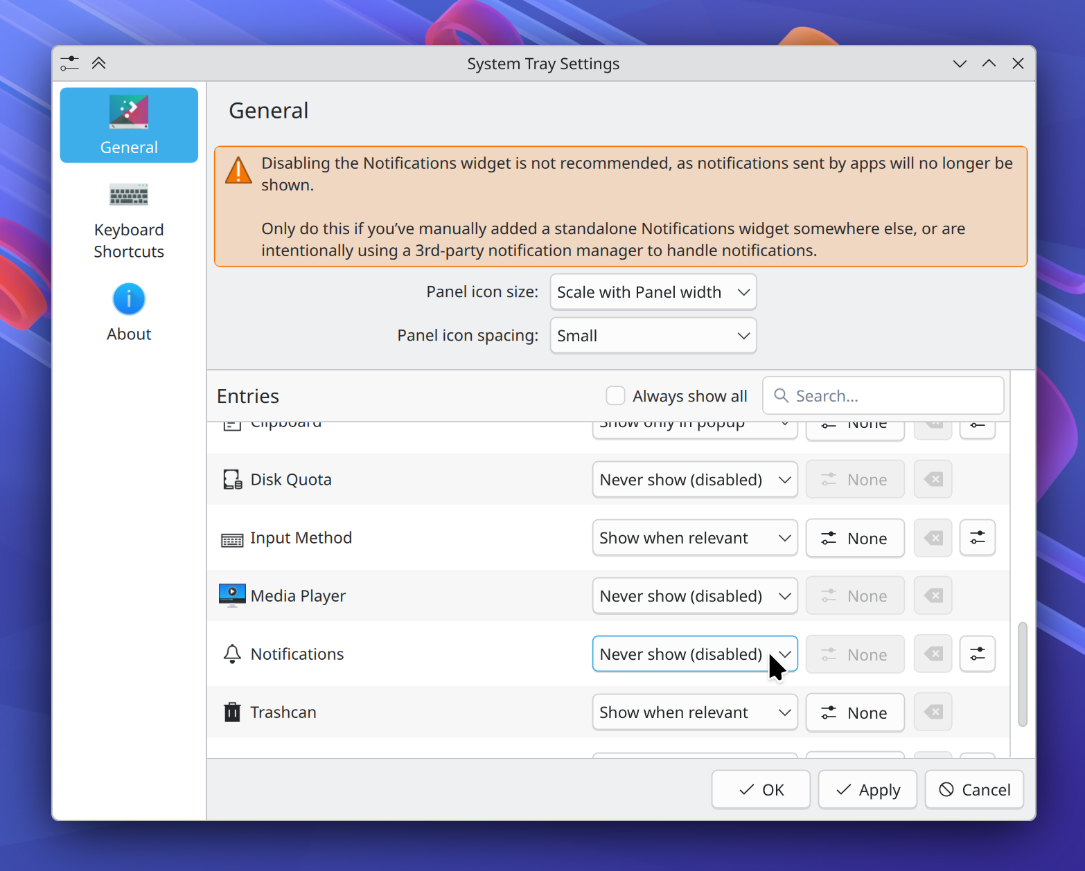 System Tray settings page showing a warning about disabling the Notifications widget