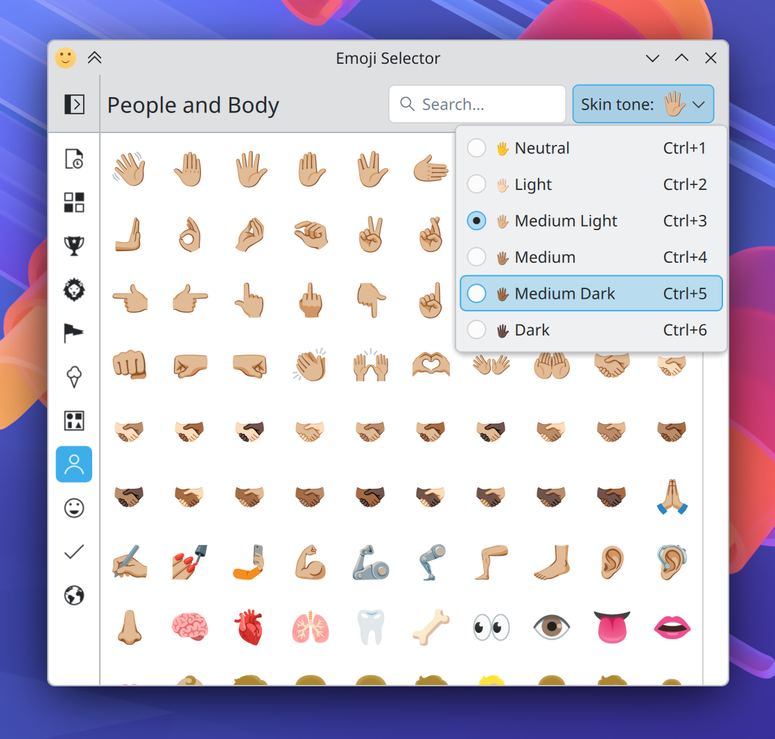 Emoji Selector app showing skin tone chooser menu