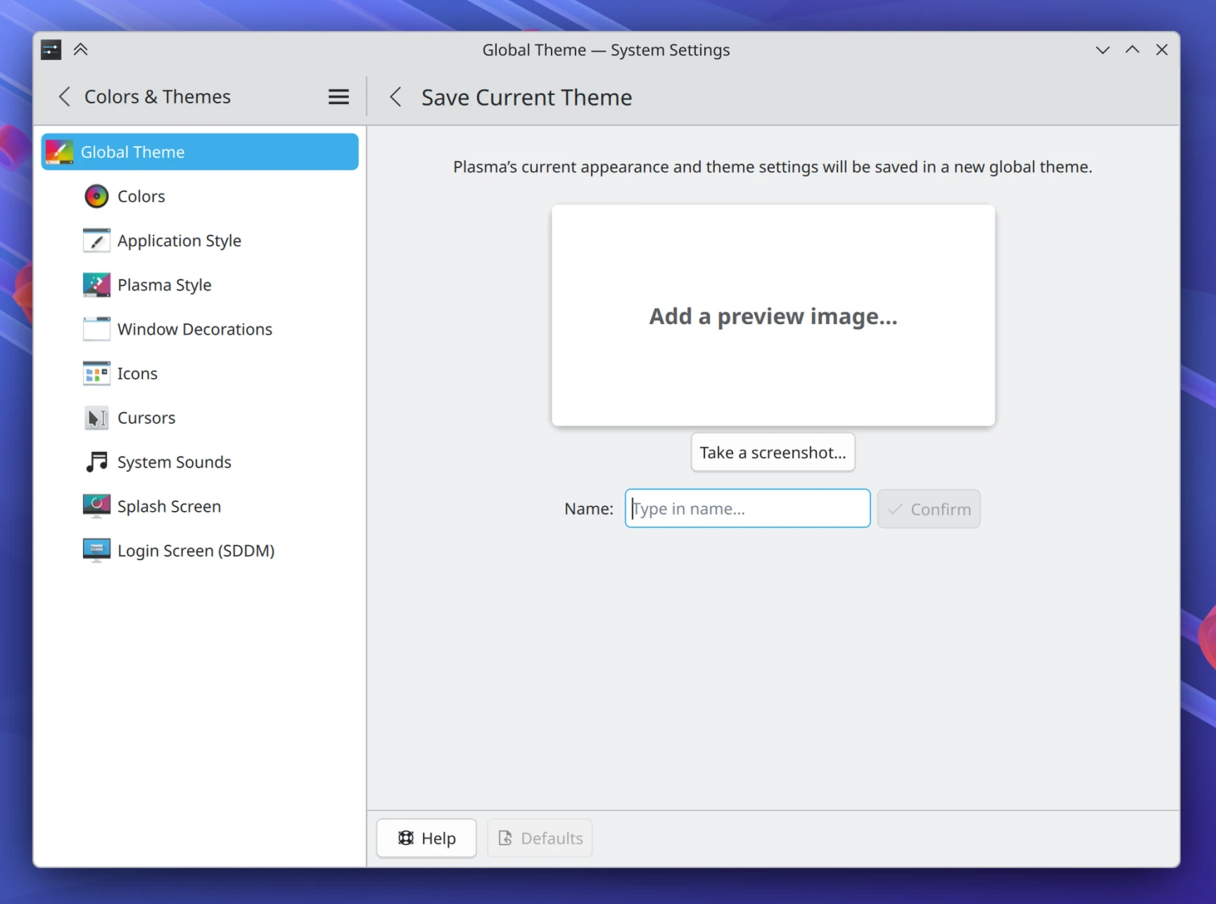 Global Themes page in System Settings showing the opportunity to create a new global theme from the current visual settings
