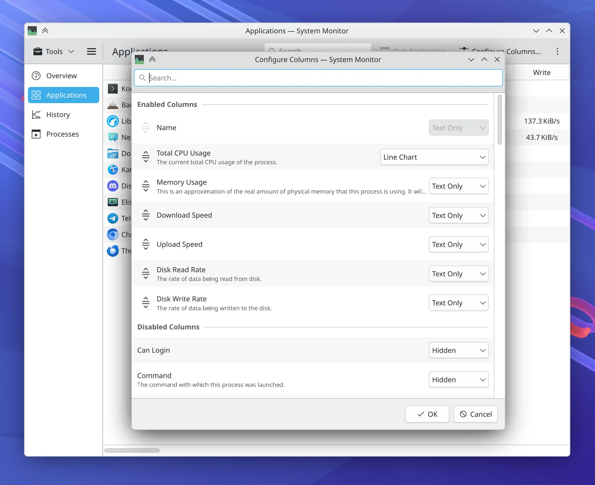 System Monitor’s new “Configure Columns” dialog