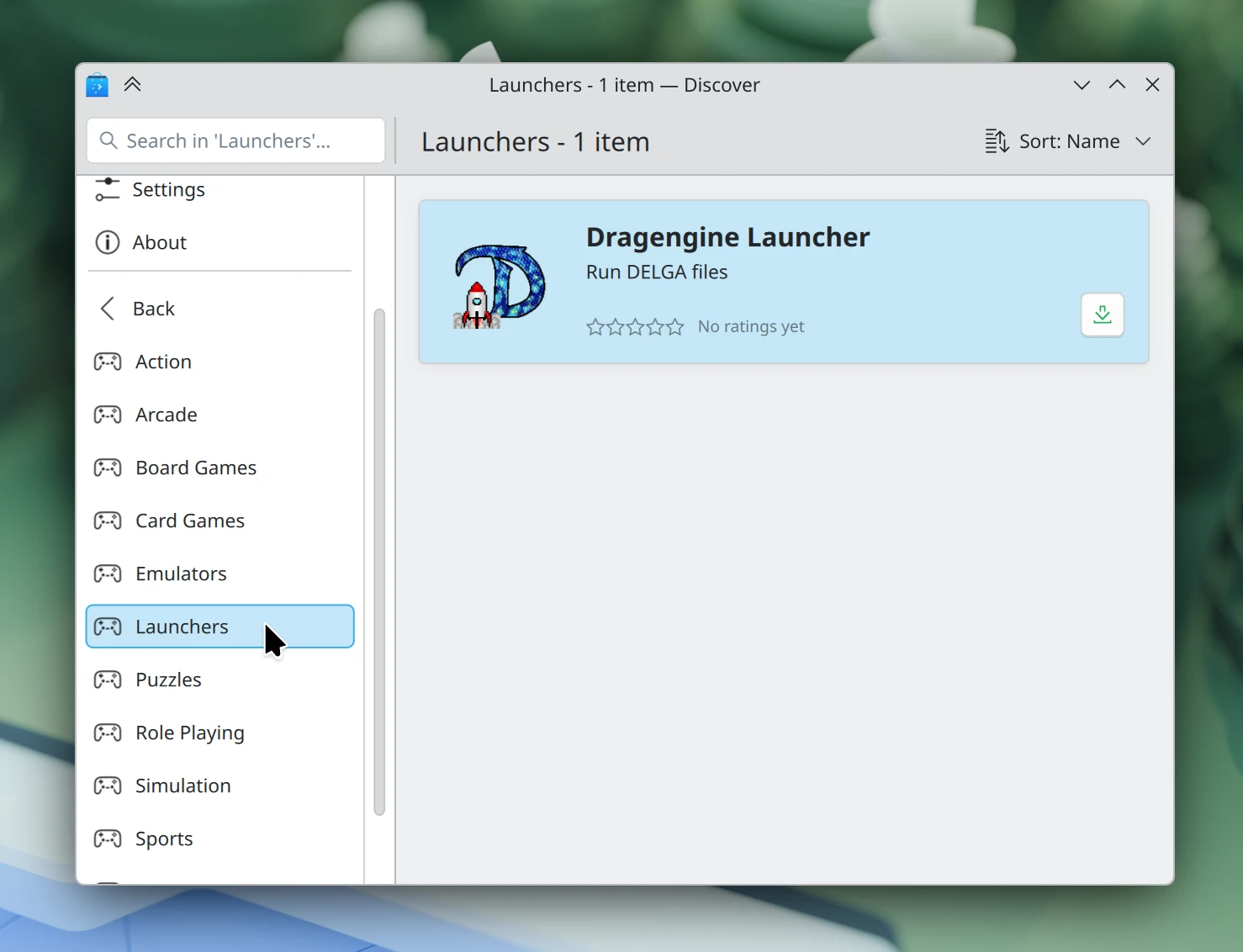 Discover showing the “Dragengine Launcher” app in the new “Game Launchers” category
