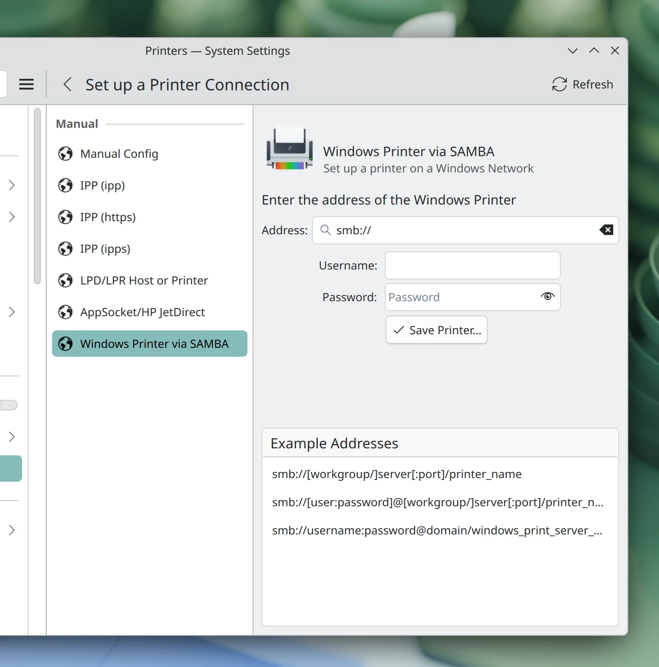 System Settings’ Printers page showing support for adding Windows shared printers