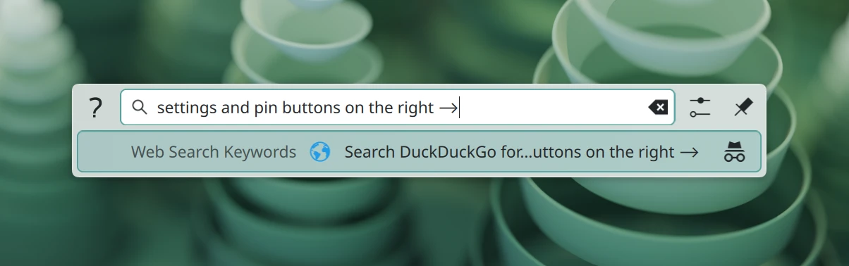 KRunner showing settings and pin buttons on the right