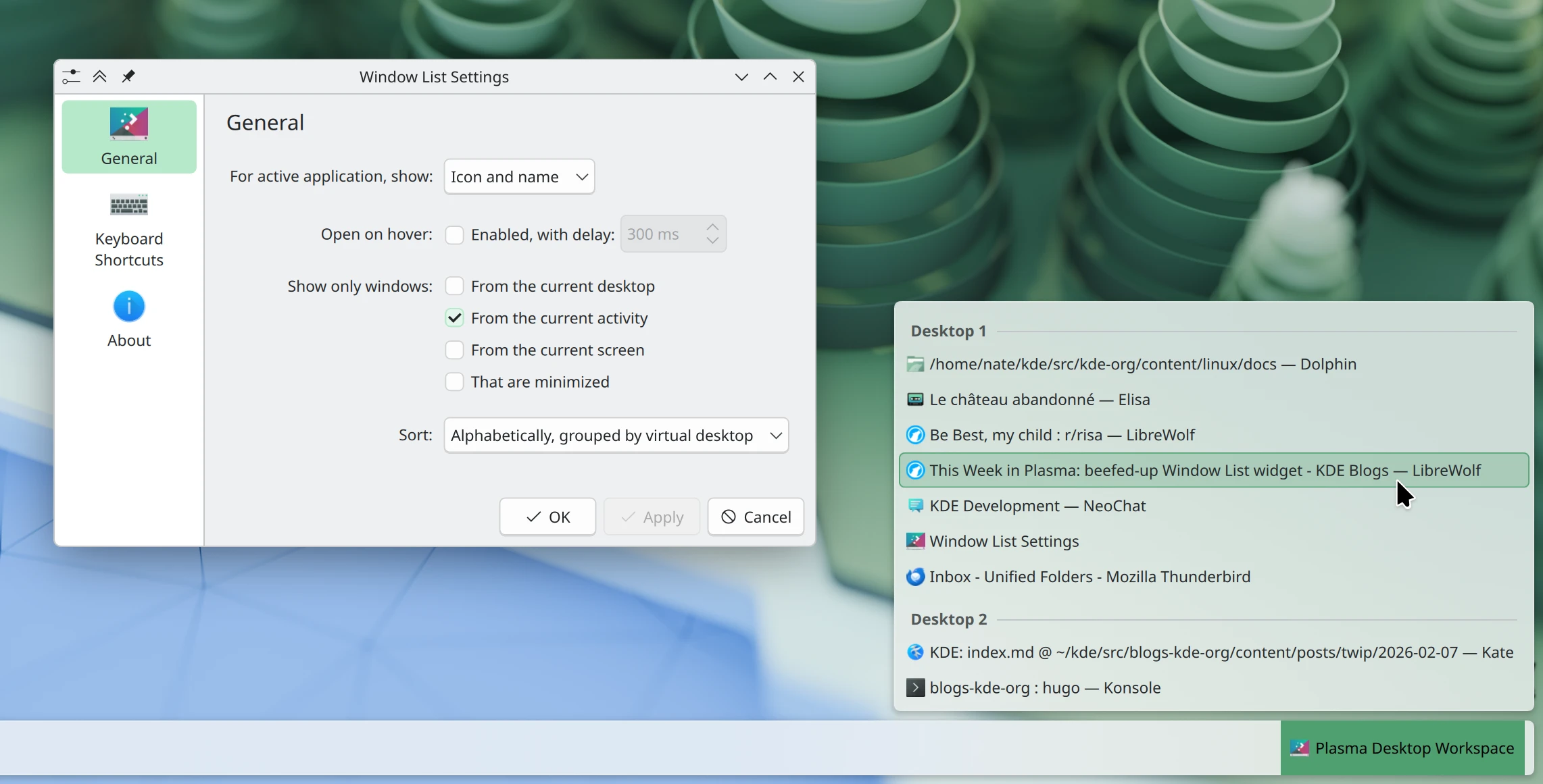 Window List widget showing of its sorting and grouping capabilities