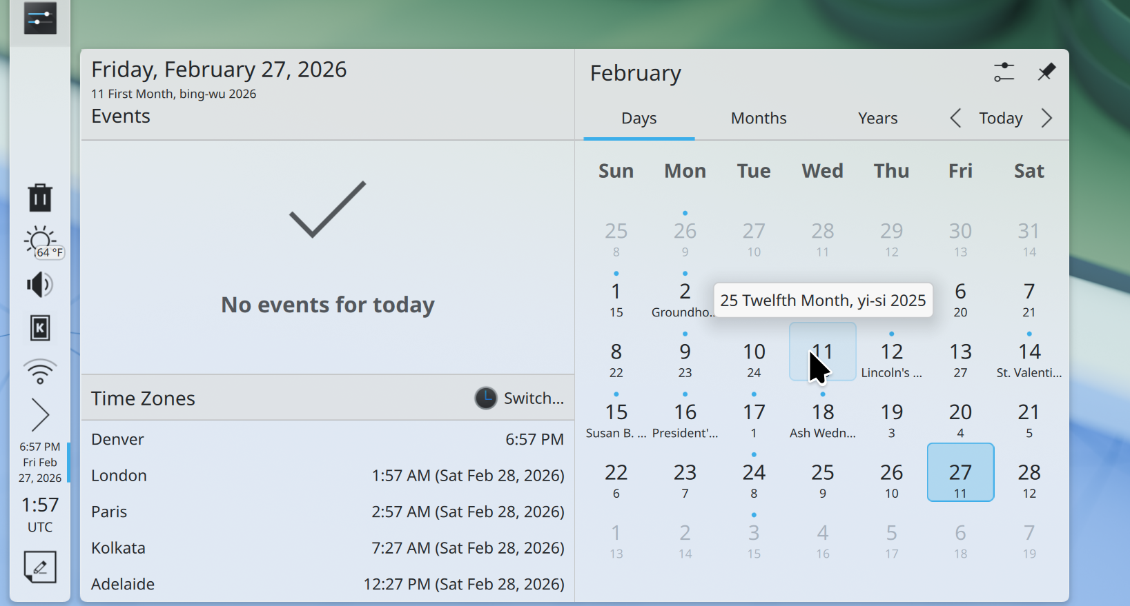 DIgital Clock popup showing VIetnamese lunar calendar