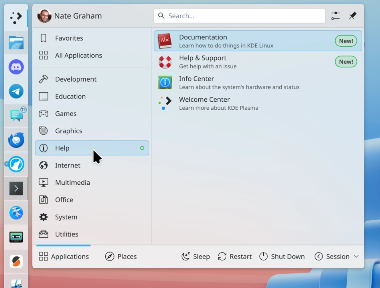 Kickoff widget’s “Help” category showing entries for “Documentation” and “Help & Support”