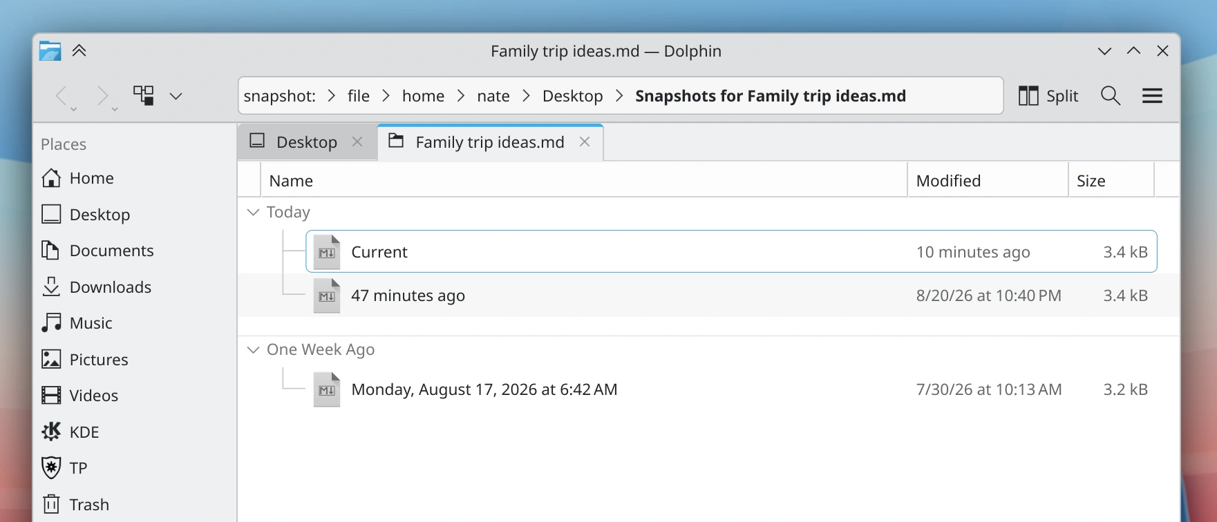 Three snapshots of a file named “Family trip ideas.md” from different points in time