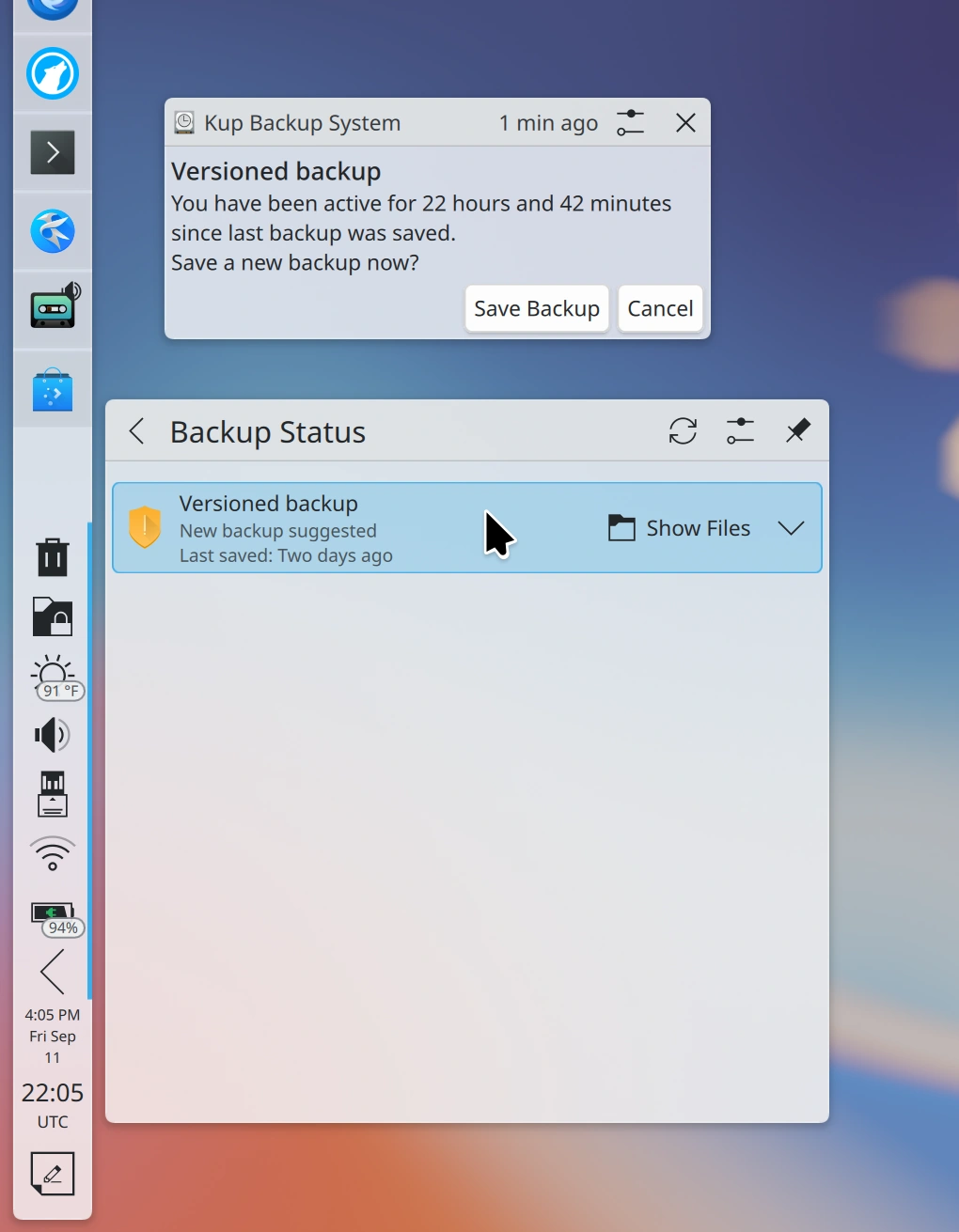 Notification about needing a new backup
