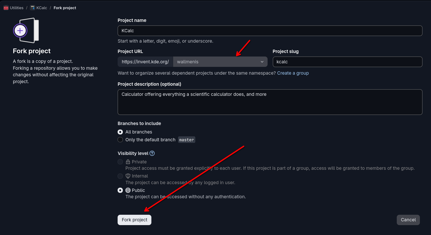 Image showing where to change namespace and Fork project