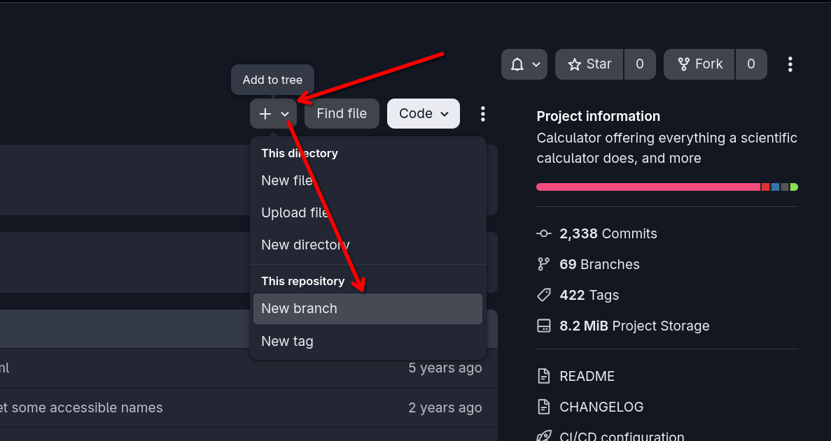 Image showing where the plus icon is and where the New branch is