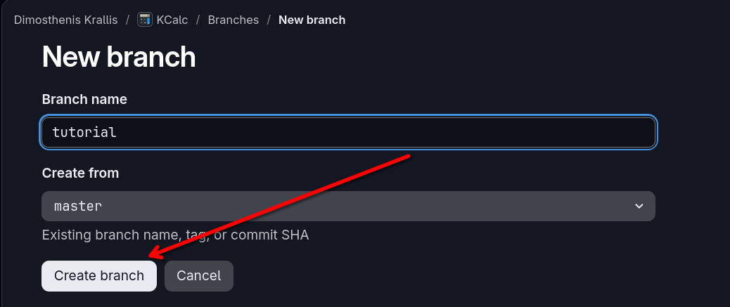Image showing the branch name typed in and where the Create branch is