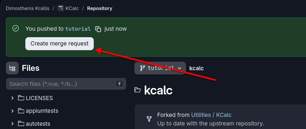 Image showing where the Create merge request button is
