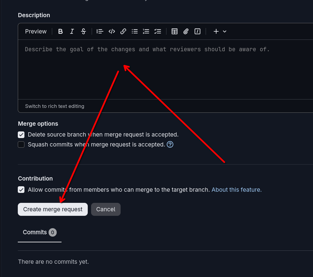 Image showing where to fill the description of our merge request and where Create merge request is