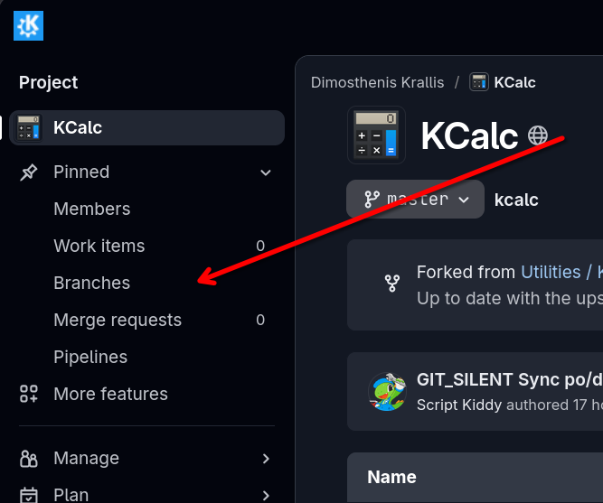 Image showing where the Branches button is