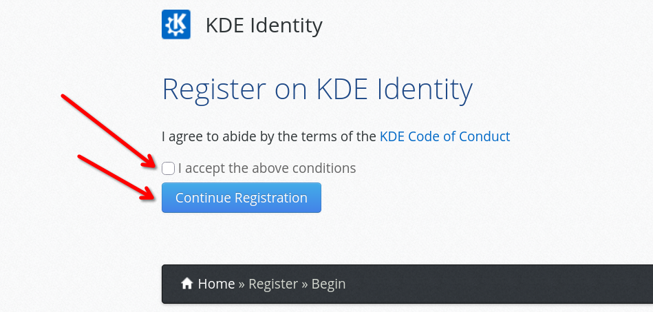 Image pointing to the tick-box for accepting the code of conduct of KDE and pointing to the button 'Continue Registration'