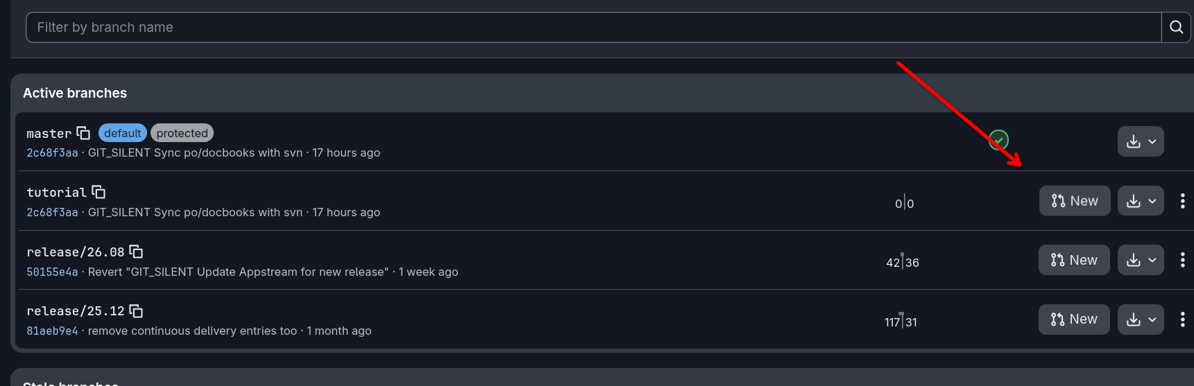 Image showing where the Branches button is