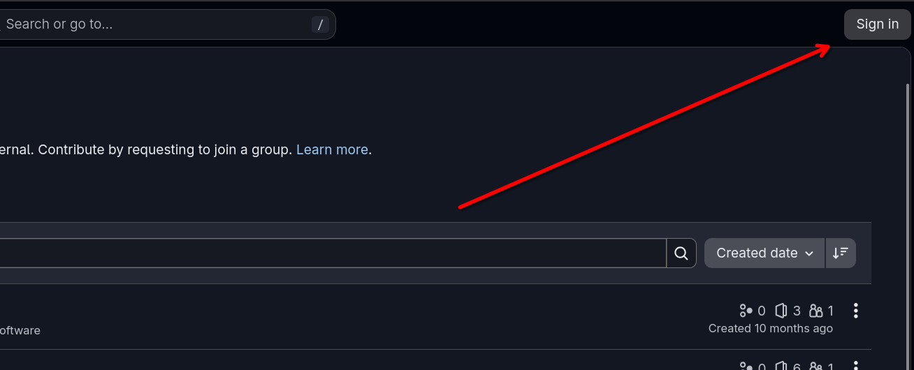 Image pointing to the login button in invent.kde.org