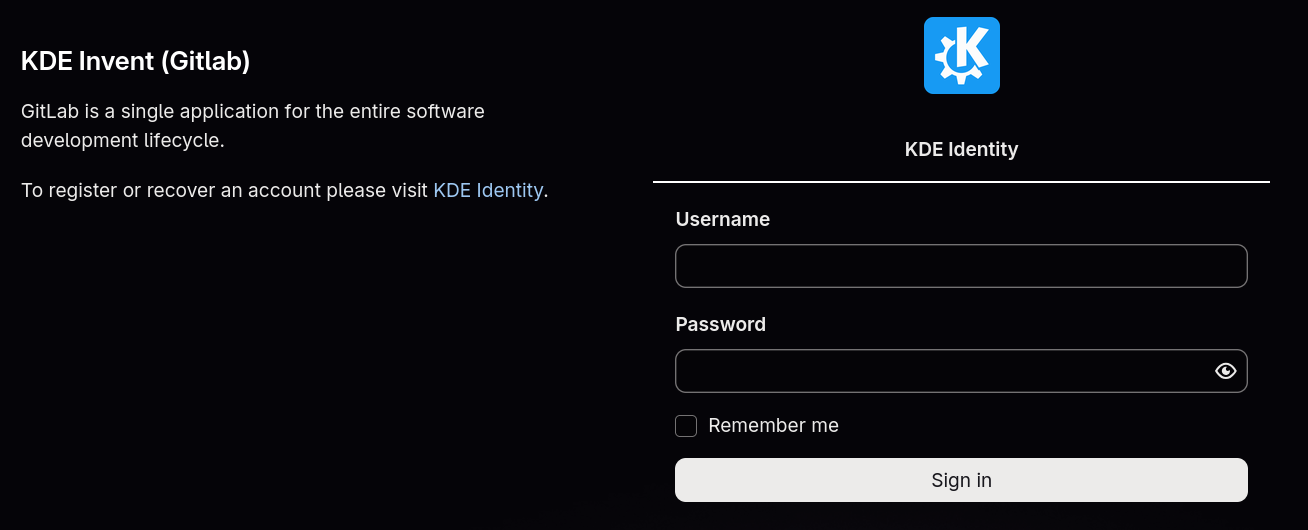 Image showing the login form of invent.kde.org
