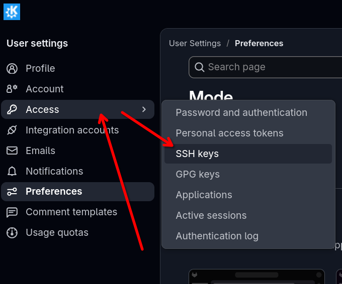 Image showing where Access and SSH keys is