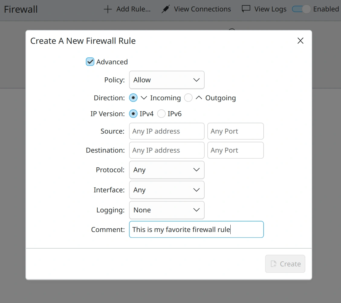 Comment field on the “Create A New Firewall Rule” dialog