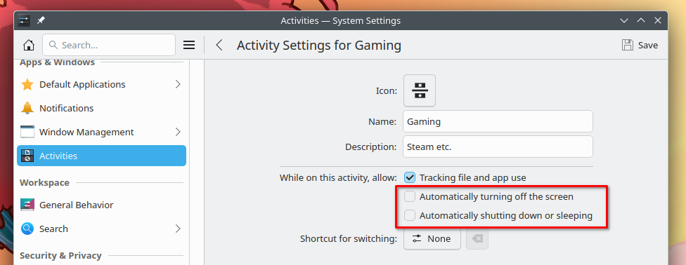 Inhibit sleep or screen turn-off in the settings for Activities