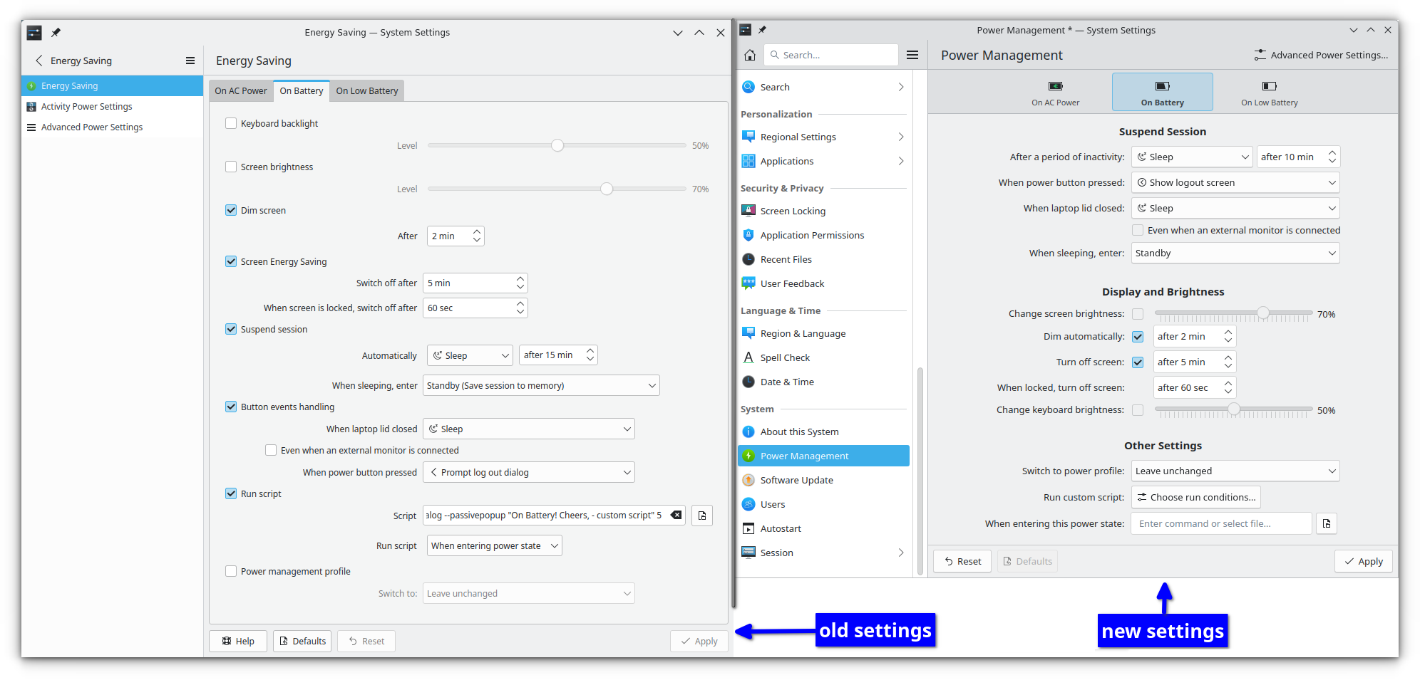 Energy Saving settings, before and after the redesign. It'll be called Power Management starting in Plasma 6.1.